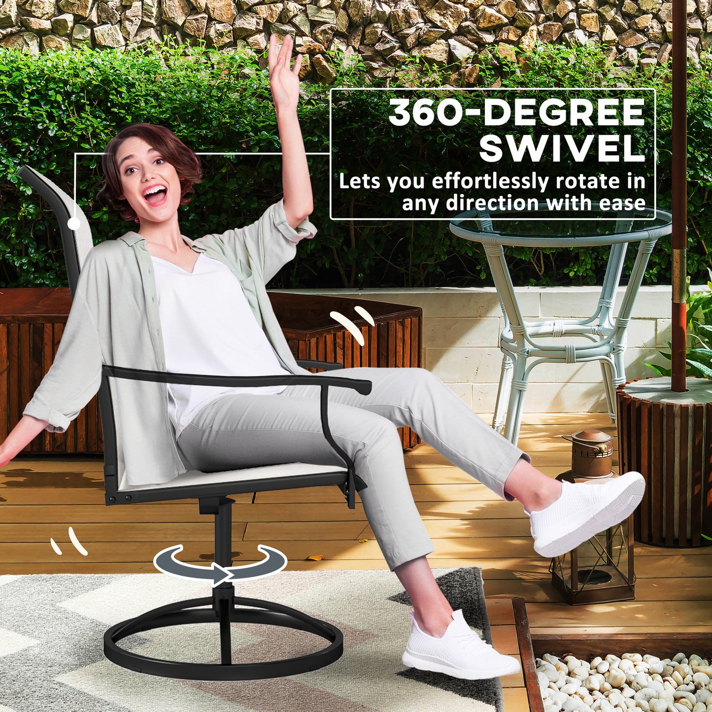 Patio Swivel Chairs Set Of 2, High Back Patio Dining Chairs With All-Weather Mesh For Backyard, Lawn, Garden, Cream