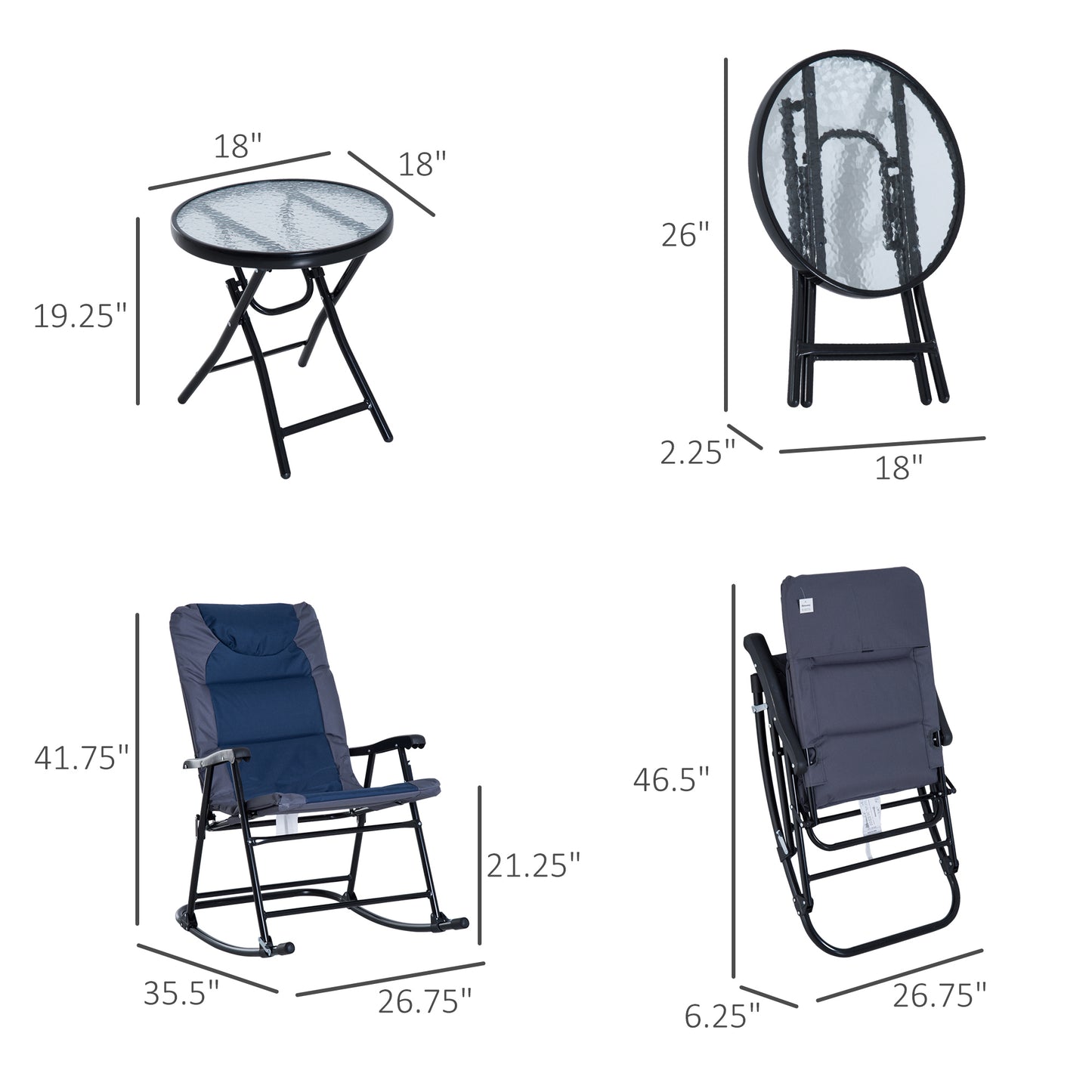 3 Piece Blue Rocking Bistro Set  Patio Chairs   Glass Coffee Table