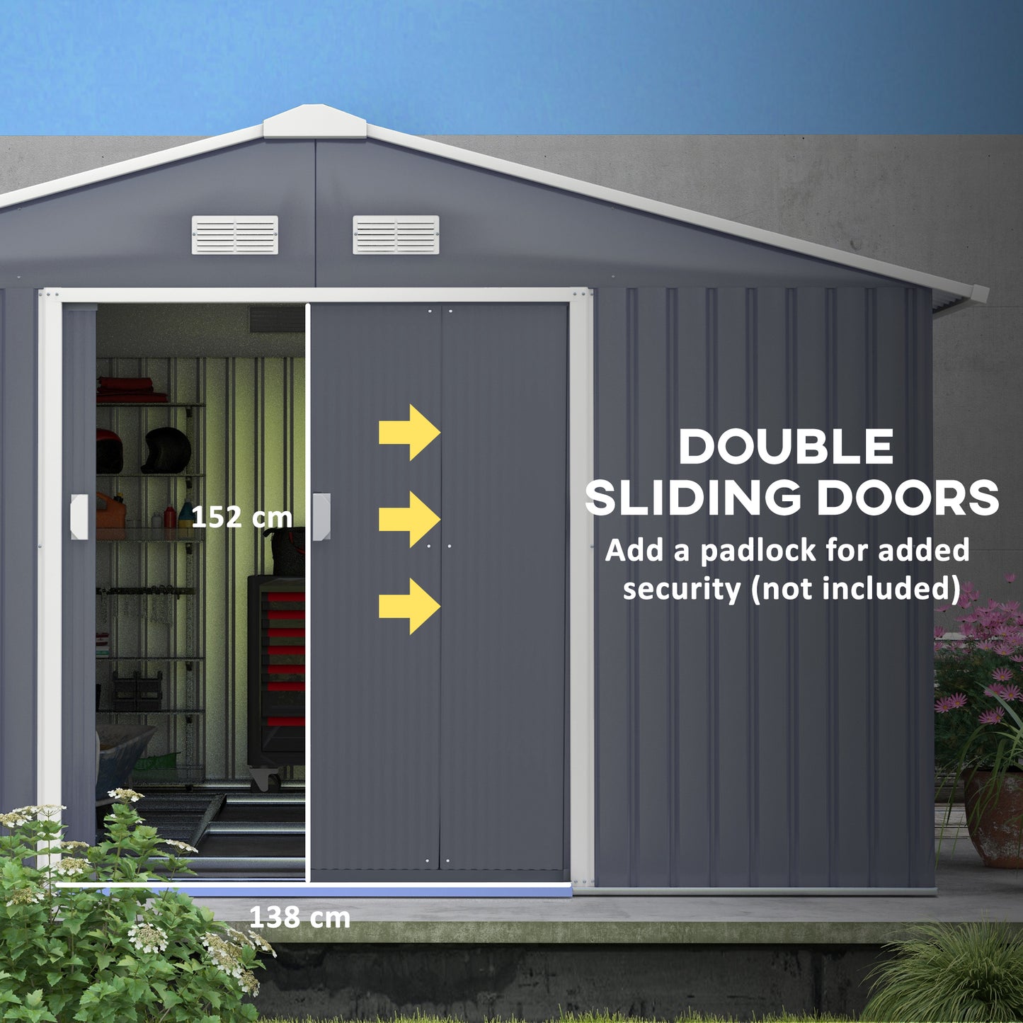12.6' X 11' Metal Storage Shed, Garden Tool House With Double Sliding Doors, 4 Air Vents For Backyard, Patio & Lawn, Dark Gray