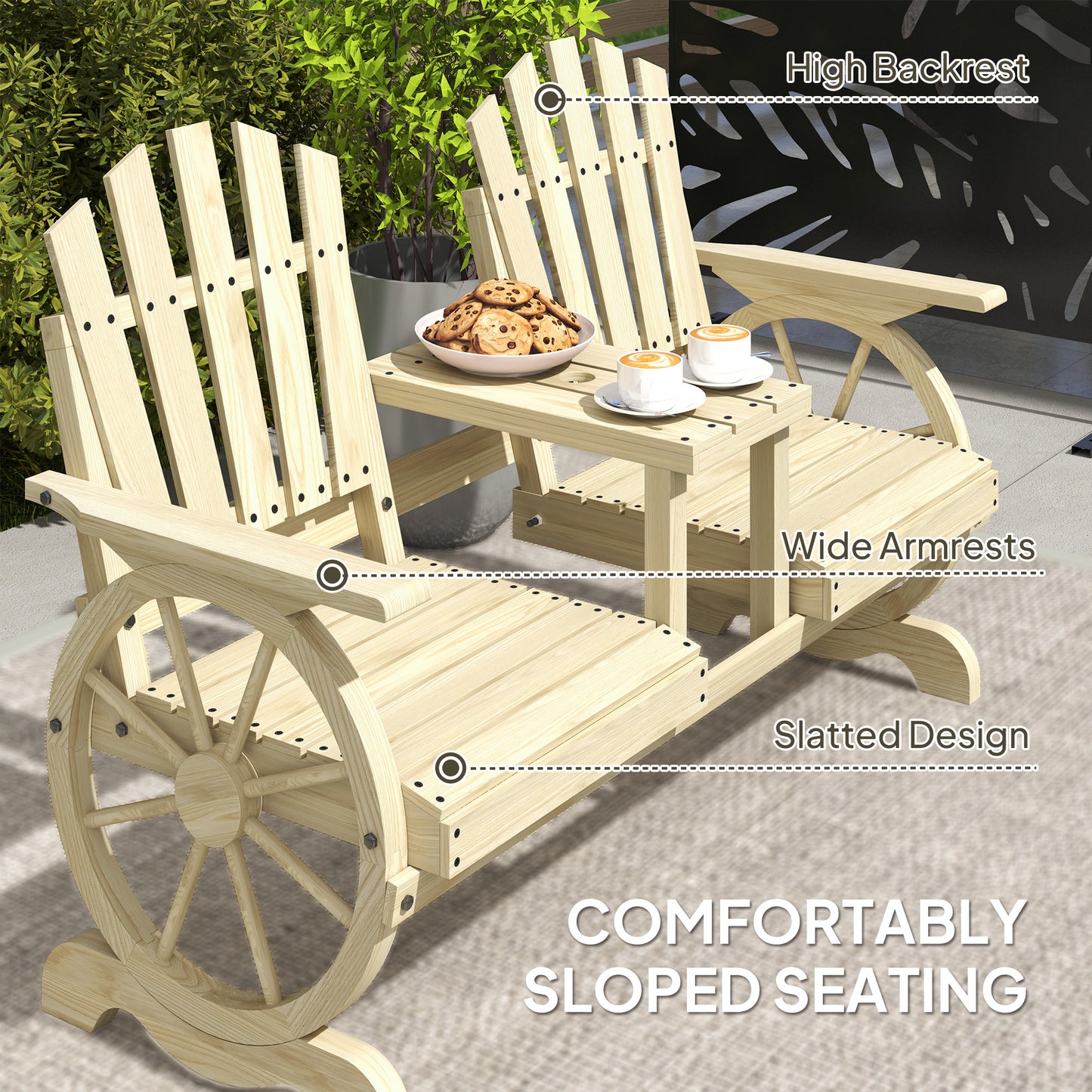 2-Seat Wooden Garden Bench With Table, Umbrella Hole, High Backrest, Armrests For Backyard, Patio, Garden, Natural Wood