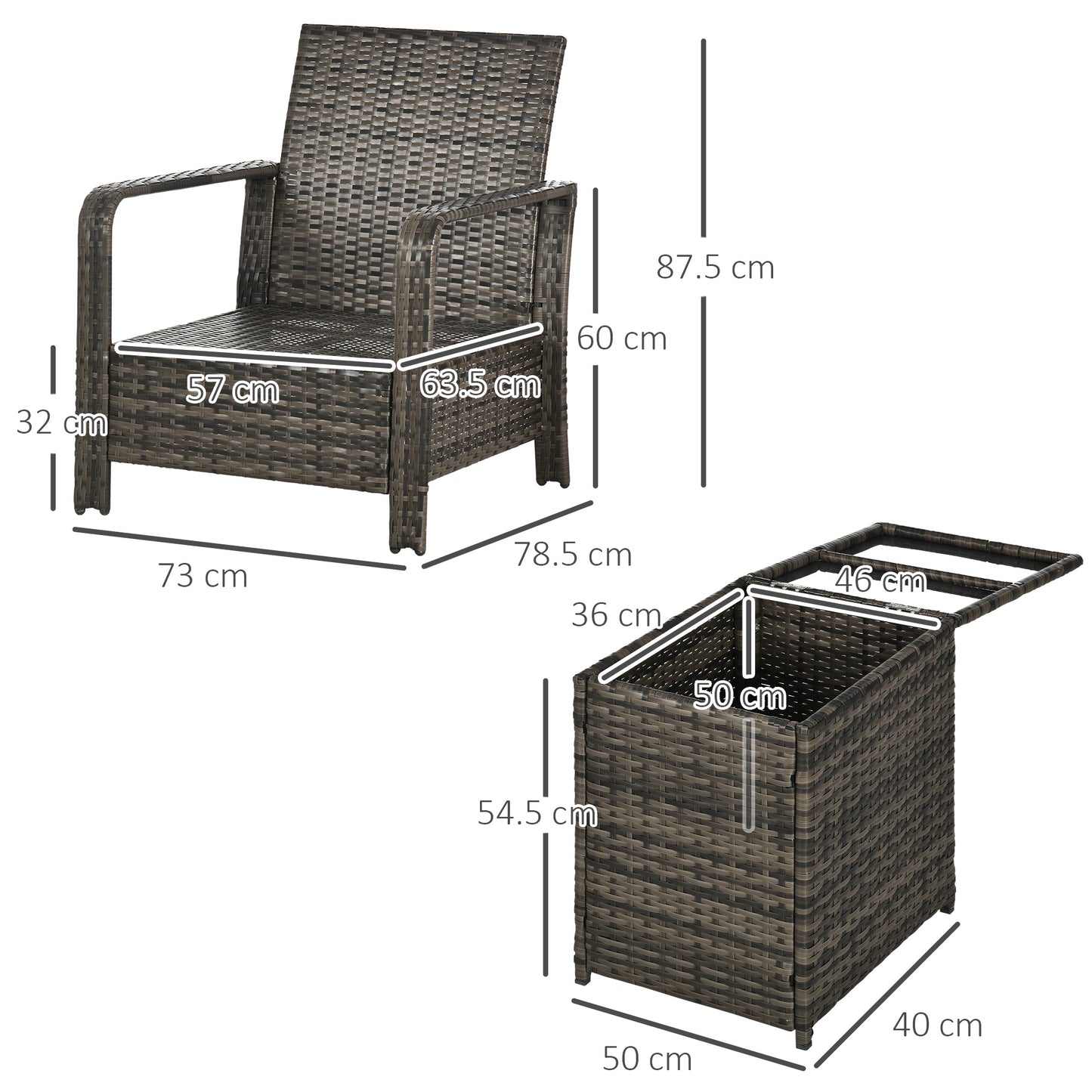3 Pieces Rattan Bistro Set, Wicker Garden Furniture Set With Storage Coffee Table And Chairs, Thickened Cushions For Outdoor, Patio, Balcony, Grey