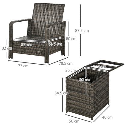3 Pieces Rattan Bistro Set, Wicker Garden Furniture Set With Storage Coffee Table And Chairs, Thickened Cushions For Outdoor, Patio, Balcony, Grey