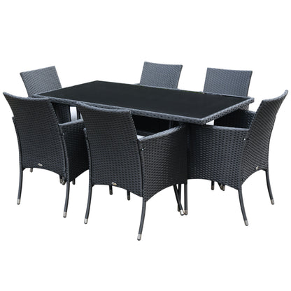 6 Seater Rattan Dining Set With Cushions, Rattan Garden Furniture Set With 6 Armchairs, Rectangular Glass Top Table, Outdoor Dining Table And Chairs, Black