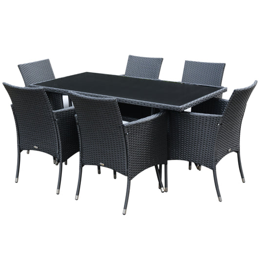 6 Seater Rattan Dining Set With Cushions, Rattan Garden Furniture Set With 6 Armchairs, Rectangular Glass Top Table, Outdoor Dining Table And Chairs, Black