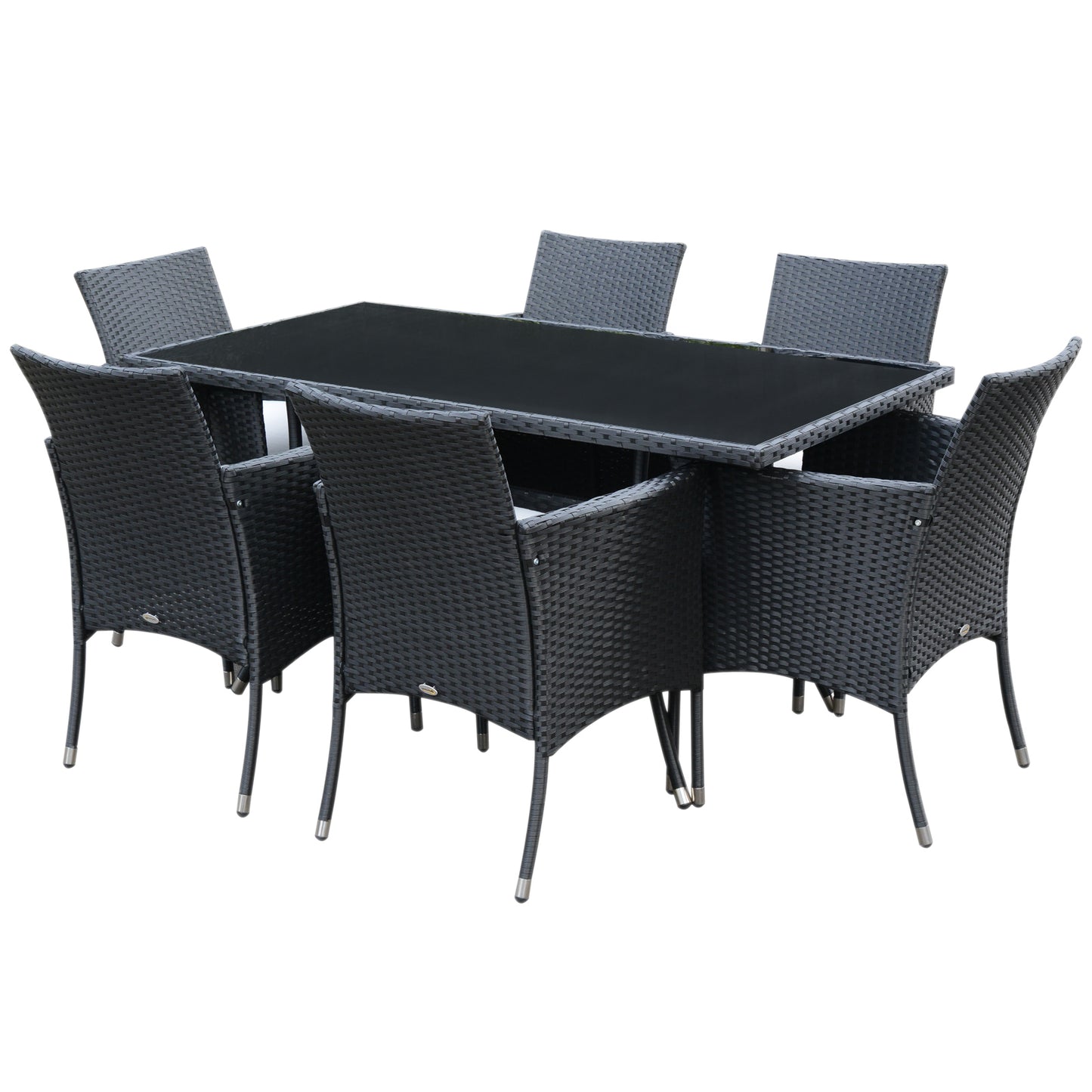 6 Seater Rattan Dining Set With Cushions, Rattan Garden Furniture Set With 6 Armchairs, Rectangular Glass Top Table, Outdoor Dining Table And Chairs, Black