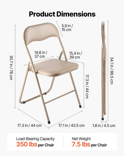 4 Pack Folding Chairs, Foldable Leather Chairs With Heavy Duty Metal Frame & Padded Cushion, Portable Folding Card Table Chairs, Stackable Seats For Home, Yard, Garden, Parties, Events, Khaki