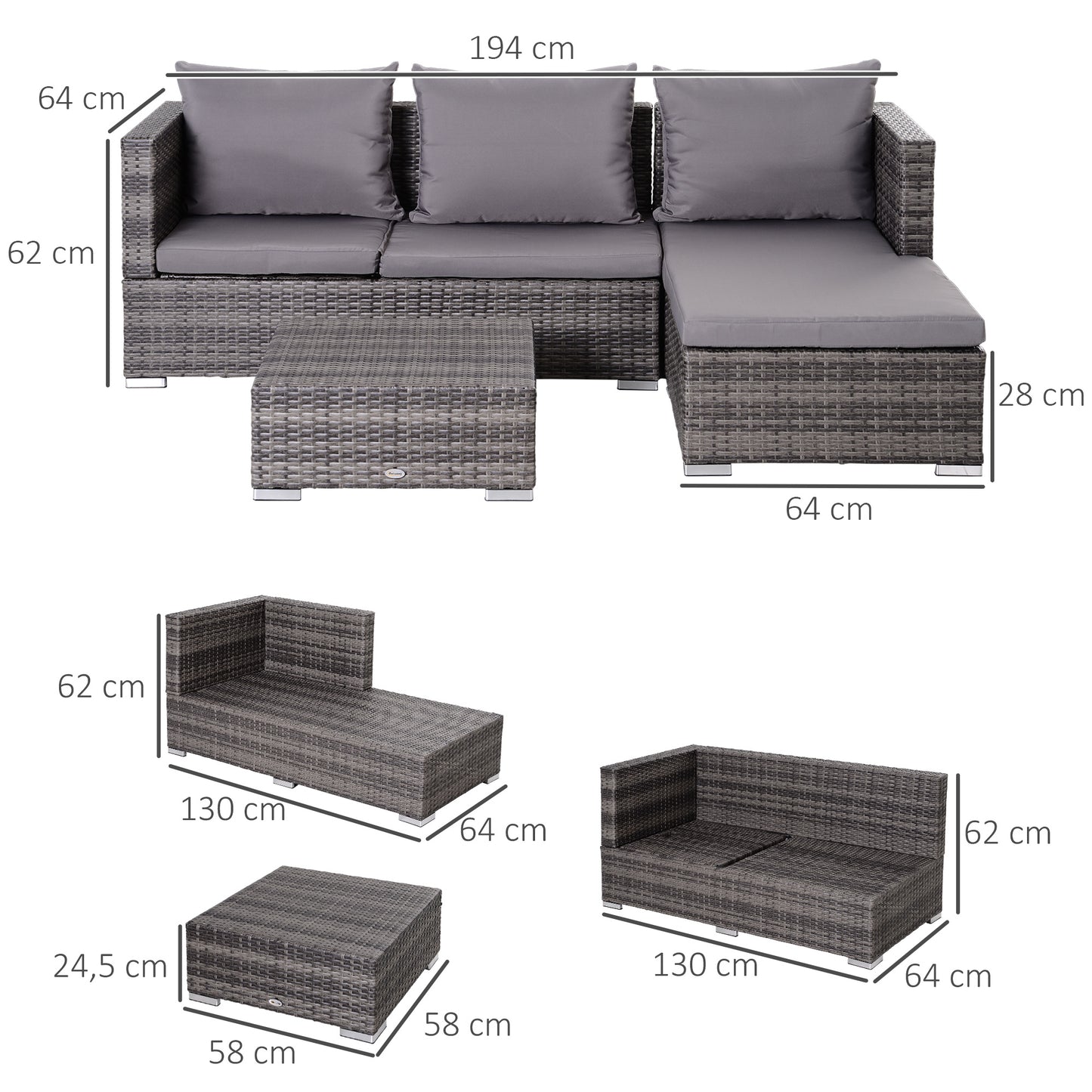 3PC Rattan Garden Furniture Storage Sofa Set 4 Seater Wicker Coffee Table Conservatory Sun Lounger Reclining Set Outdoor Weave With Cushion Grey