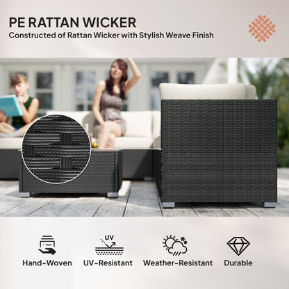 8 Piece Rattan Corner Sofa Set With Wide & Deep Seat, Assembled Aluminium PE Rattan Garden Furniture Set With Thick Cushions And Glass Top Table For Outdoor, Conservatory, Black