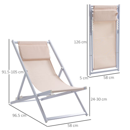 Set Of 2 Folding Garden Beach Aluminium Frame Deck Chairs Deckchairs Seaside Folding Garden Patio Lounger, Beige