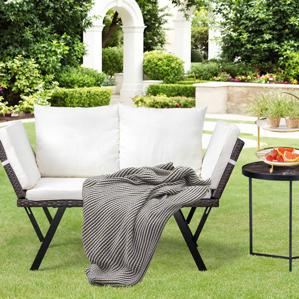 Stretchable Brown Rattan, Beige Cushion, Woven Rattan Bench
