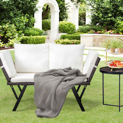 Stretchable Brown Rattan, Beige Cushion, Woven Rattan Bench