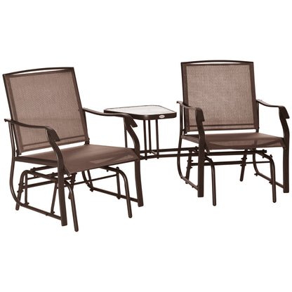 2-Seat Outdoor Glider Swing, Double Independent Rocker Chair, With Center Coffee Table, Breathable Sling Fabric, Coffee Brown