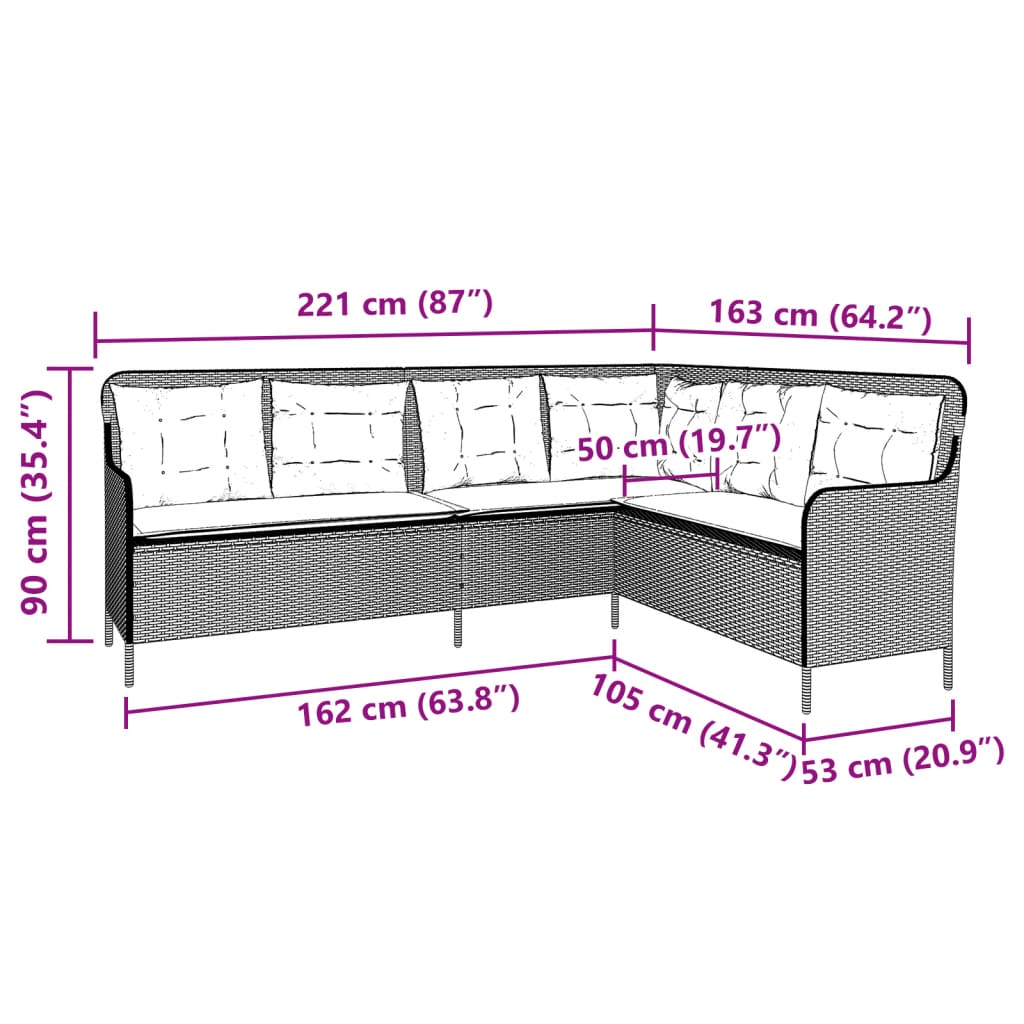 L-shaped garden sofa with cushions, poly rattan