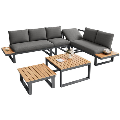 5-6 Seater Garden Lounge Set, Galvanized Iron Frame Outdoor Patio Furniture, 6-Piece Set, Reclining & Adjustable Seating, 2 WPC Tabletop Table Included, Gray Fabric  Black Frame