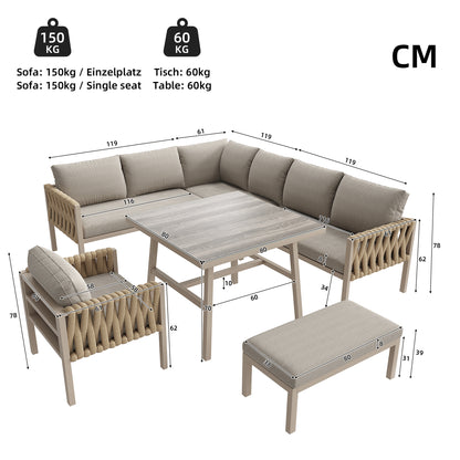Garden Furniture Set, Rope-weave Outdoor Sofa Set With Galvanized Steel Frame, Adjustable Legs, L-shaped Sofa, Tempered Glass Table Top, Includes All Seat And Back Cushions, Beige