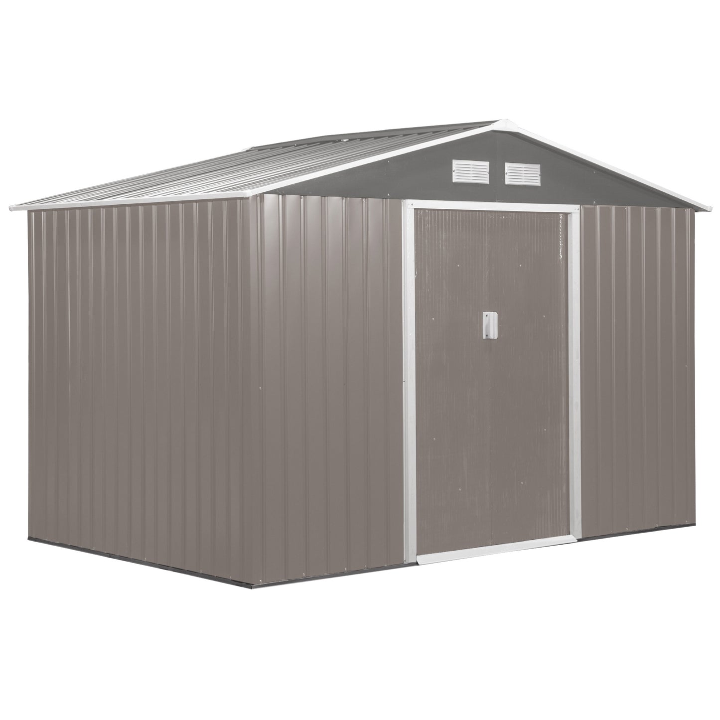 9 X 6FT Outdoor Garden Roofed Metal Storage Shed Tool Box With Foundation Ventilation & Doors Light, Grey