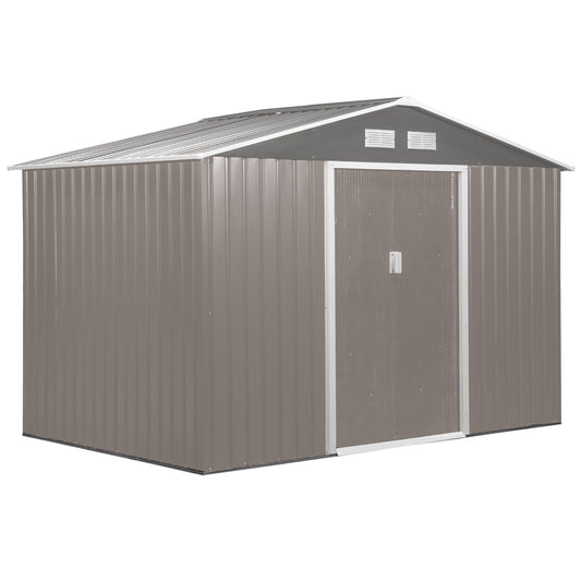 9 X 6FT Outdoor Garden Roofed Metal Storage Shed Tool Box With Foundation Ventilation & Doors Light, Grey