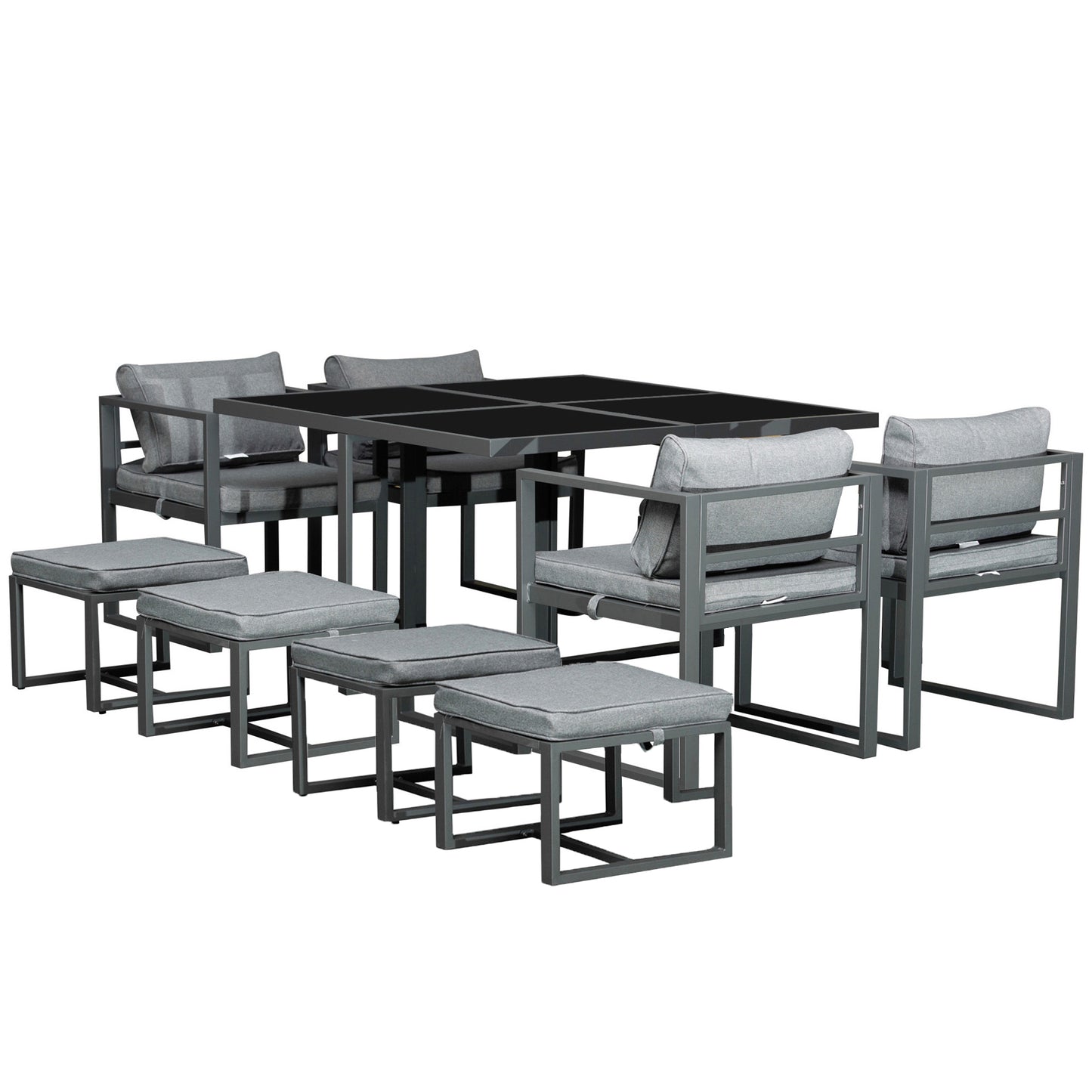 9PCs Patio Aluminium Dining Set, Space Saving Cube Set With 4 Chairs, 4 Ottoman, Cushions, 8 Seater Garden Furniture