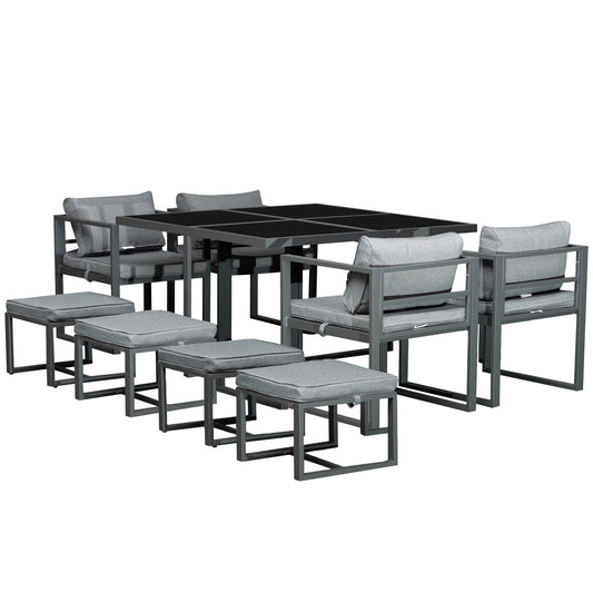9PCs Patio Aluminium Dining Set, Space Saving Cube Set With 4 Chairs, 4 Ottoman, Cushions, 8 Seater Garden Furniture