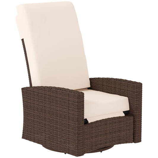 Outdoor Wicker Swivel Recliner Chair, Lifting Footrest, 360 Rotating Basic, Water-resistant Cushions, Cream White