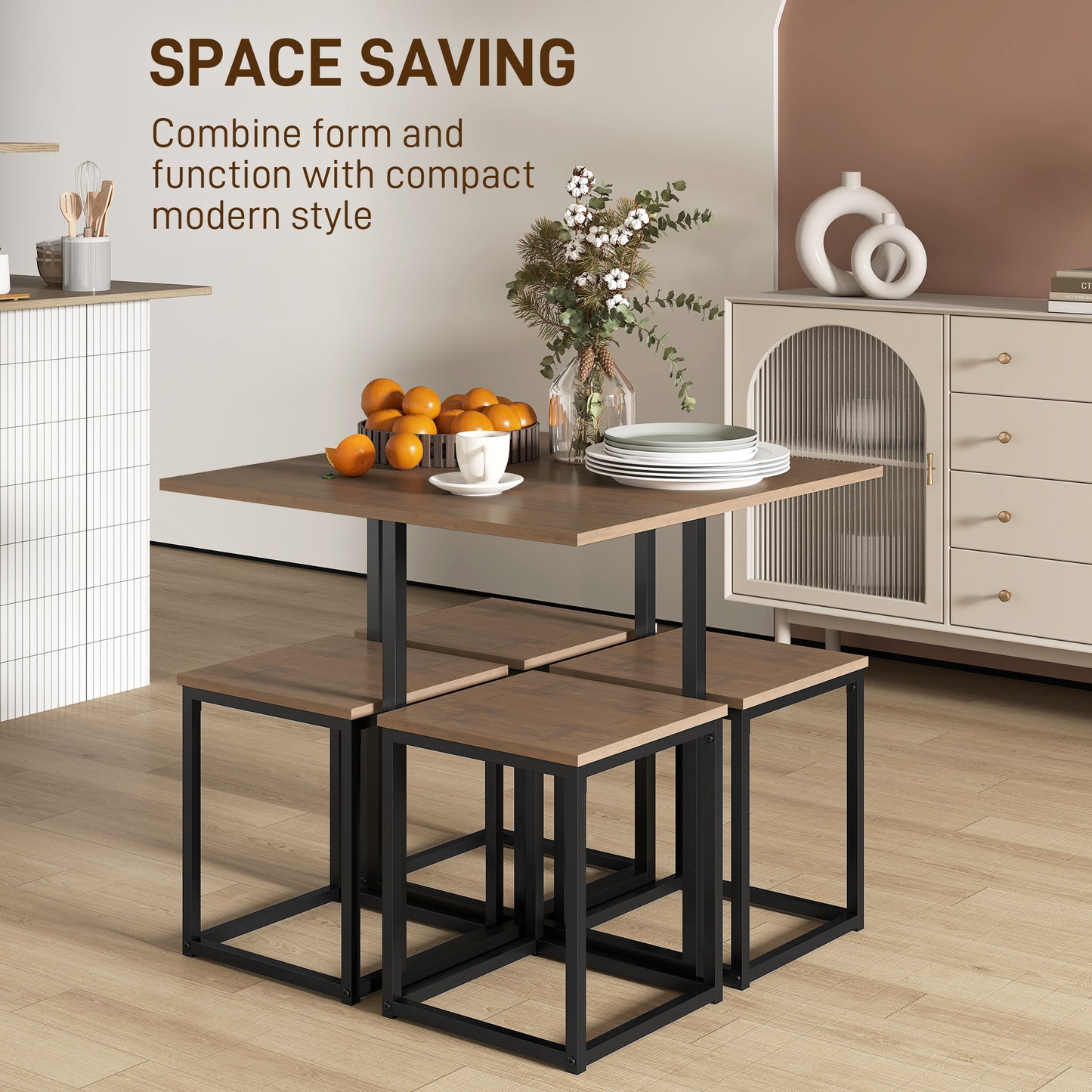 5 Piece Dining Table And Chairs Set 4, Industrial Space Saving Table And Chairs With Metal Frame, Square Kitchen Table And Stools For Dining Room, Brown