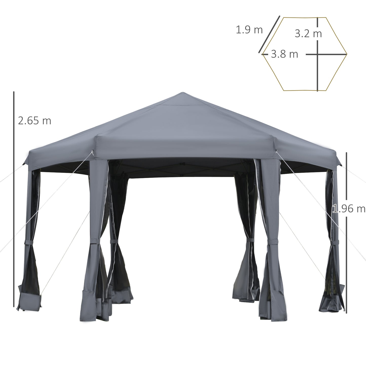 3.8m X 3.2m Pop Up Gazebo Hexagonal Canopy Tent Outdoor Sun Protection With 6 Mesh Sidewalls, Hand Bag, Grey