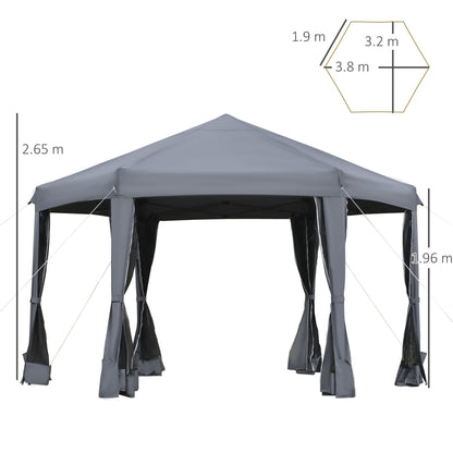 3.8m X 3.2m Pop Up Gazebo Hexagonal Canopy Tent Outdoor Sun Protection With 6 Mesh Sidewalls, Hand Bag, Grey
